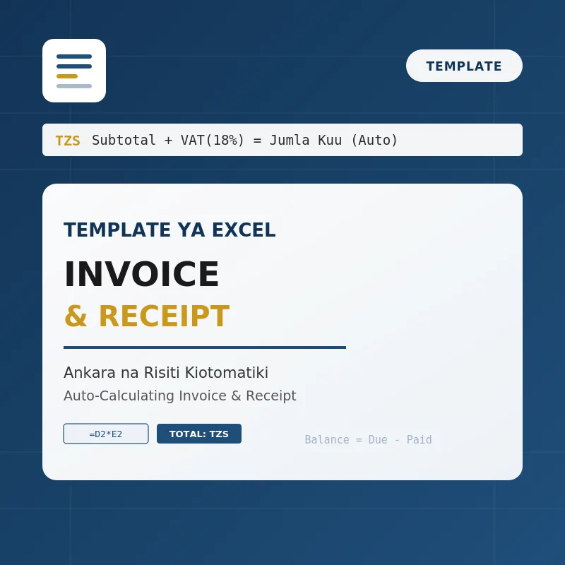 INVOICE AND RECEIPT: Template ya Excel Inayohesabu Kiotomatiki